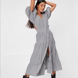 Gingham Puff Sleeve Tiered Midi Dress